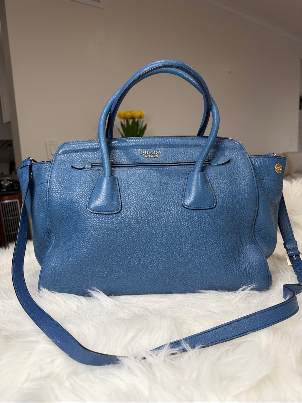 Prada Blue Pebbled Leather Two-Way Satchel Shoulder Bag - Picture 8 of 14